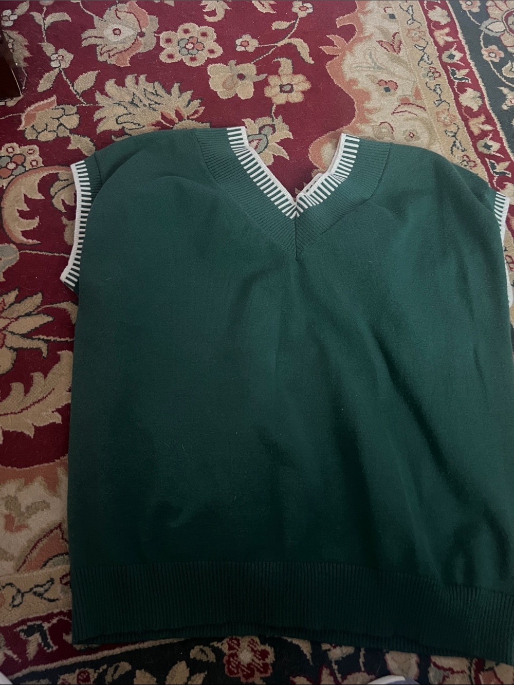 Women’s  Dark Green V-Neck Sweater Vest with Contrast Trim